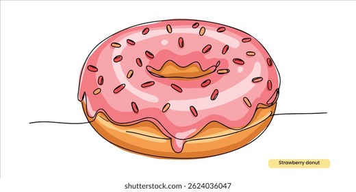 Strawberry donut continuous single line art drawing sketch on white background	