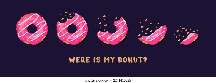 Strawberry donut. Eat pink doughnut. Top view of sweet food. Chocolate ring snack. Whole confectionery or cookie piece with crumbs. Sequence steps of process. Vector flat recent design