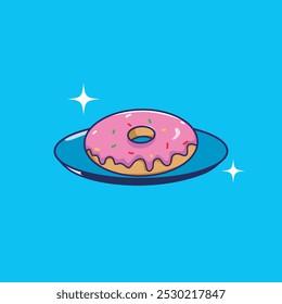 Dona de fresa en el diseño del plato, comida dulce y Ilustración vectorial temática del postre