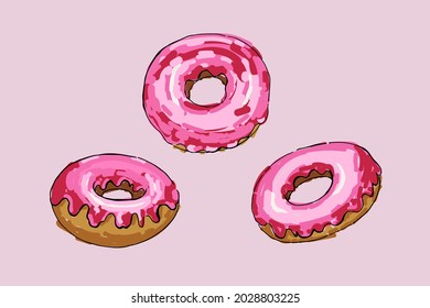 Strawberry Donuts in Outline Vector illustration.