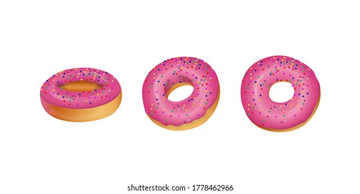 
Strawberry Donuts with Rainbow sugar icing sprinkles, side and top view, Vector illustration on White Background. 