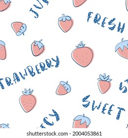 Strawberry and Dotted Letters Doodle Seamless Pattern. Summer berries background vector illustration for menu or packaging design, food or drink posters, wallpaper, wrapping paper