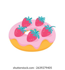 Strawberry doughnut with berry topping. Flat style sweet dessert vector illustration