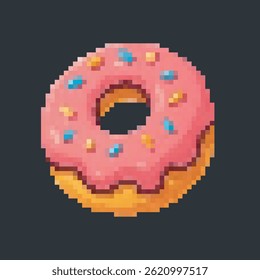strawberry doughnut in pixel art style with isolated background