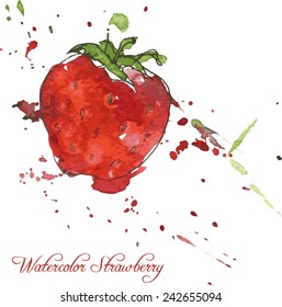 strawberry drawing by watercolor with paint stains, hand drawn vector illustration
