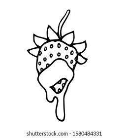 strawberry drenched in chocolate, icing and cream, festive dessert, vector illustration with black contour lines isolated on white background in Doodle and hand drawn style