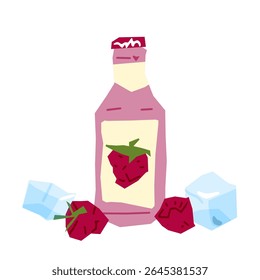Ilustração de garrafa de bebida de morango. Garrafa estilo desenho animado com bebida de morango, rodeado por bagas e cubos de gelo. Ilustração plana com cores brilhantes, vista frontal, isolado no fundo branco.