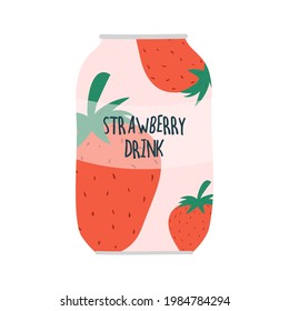 Bebida de fresa en lata. Ilustración vectorial dibujada a mano.