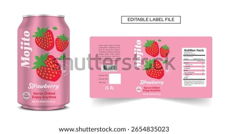 Strawberry drink can label design mojito drink, cocktail label design. Soda can vector, Energy drink mocktail, strawberry soft drink label packaging print ready editable vector template download