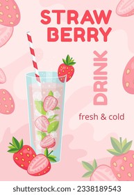Strawberry drink cocktail poster. Vector.