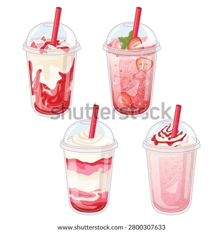 Strawberry Drink Collection Set – Strawberry Smoothie, Milkshake, Soda and Frappe Vector Illustration
