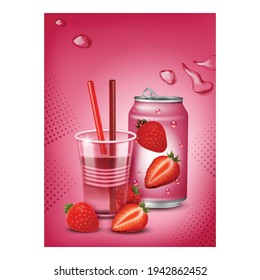 Strawberry Drink Creative Promo Banner Vector. Soda Drink Blank Bottle, Cup With Sweet Beverage And Straws, Water Drops And Ripe Berries On Advertise Poster. Style Concept Template Illustration