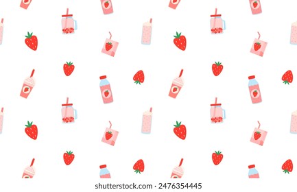 Strawberry drink seamless pattern. Summer refreshing drinks, juice, milkshake, coffee, bubble tea with taste of strawberries. Juicy summer berries. Flat Vector illustration