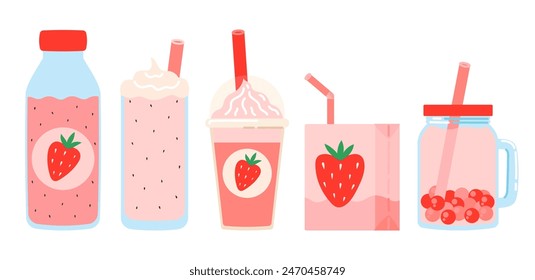 Erdbeergetränkeset. Sommer Erfrischende Getränke, Saft, Milchshake, Kaffee, Bubble Tea mit dem Geschmack von Erdbeeren. In: Strawberry Fair. Flache Vektorillustration isoliert auf weißem Hintergrund