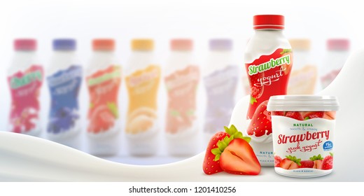 Strawberry drink yogurt bottle with greek yogurt jar and raw strawberry berries on bright background of many bottles and milk wave, ready for branding and commercial use, flyer realistic illustration