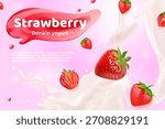 Strawberry drinking yogurt. 3d realistic strawberries with cream falling milk splash, fruit milkshake smoothie summer drink flying red berries ad banner package vector illustration