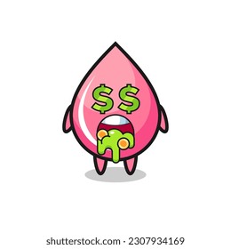 personaje de jugo de gota de fresa con una expresión de locura por el dinero, diseño de estilo lindo para camiseta, pegatina, elemento logo