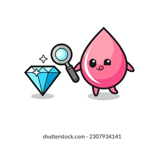 strawberry drop juice mascot is checking the authenticity of a diamond , cute style design for t shirt, sticker, logo element