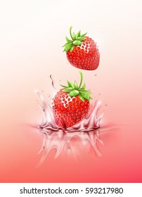 Strawberry drop on juice splash and ripple, Realistic Fruit and yogurt, transparent, vector illustration