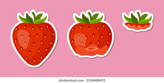 Strawberry eating steps sticker set. Stages of biting red berry from Whole, bitten and entirely eaten. bite progression sequence animation of eaten. Hand drawn flat style isolated. Vector illustration