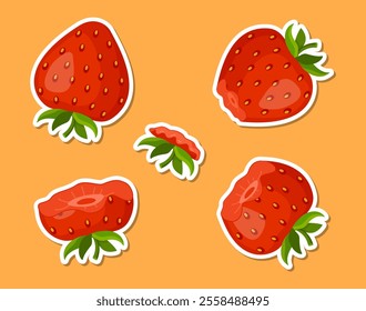 Strawberry eating steps sticker set. Stages of biting red berry from Whole, bitten and entirely eaten. bite progression sequence animation of eaten. Hand drawn flat style isolated. Vector illustration