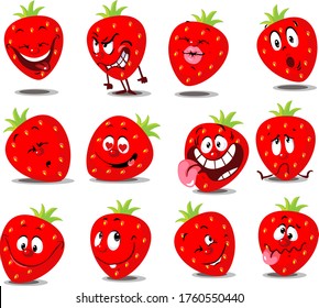 Strawberry Emoticon - Flat Vector Illustration with Many Expression