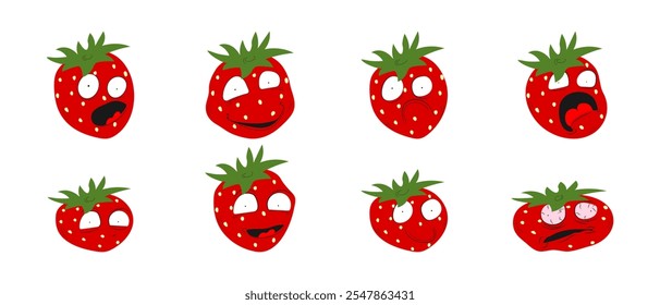 Strawberry. Emotions. Stickers. Memes. Set of vector illustrations