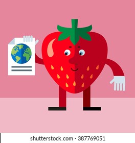 Strawberry engaged in a global search. Flat style vector illustration . Funny cartoon character