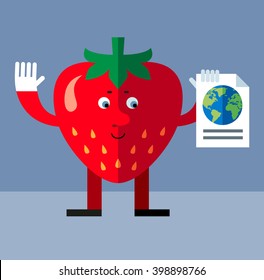 Strawberry engaged in a global search. Flat style vector illustration . Funny cartoon character