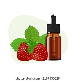 Strawberry essential oil in brown glass bottle, herbal alternative medicine treatment product, vector Illustration on white background