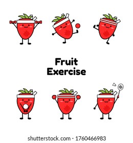 Strawberry exercise character. Sport icon. Cute style fruit character. Happy face fruit icon. Cute style fruit set. Exercise at home. Strawberry emoji. Illustration vector.