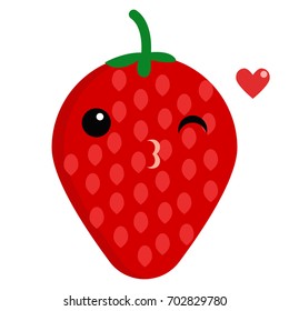 Strawberry face emoji blowing a kiss vector illustration. Flat style design. Colorful graphics