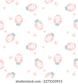 Strawberry face rabbit cartoon so cute. On heart cupcake and white background. Pattern seamless vector illustration.
