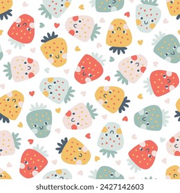 Strawberry faces seamless pattern in pastel palette. Vector naive hand drawn illustration of cute characters with hearts. Ideal for baby textiles, wallpaper, fabric, scrapbooking