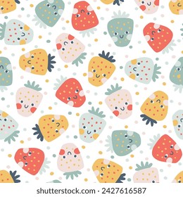 Strawberry faces seamless pattern in pastel palette. Vector naive hand drawn illustration of cute characters on confetti polka dot background. Ideal for baby textiles, wallpaper, fabric, scrapbooking