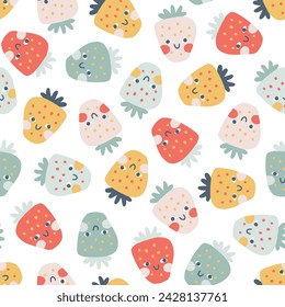 Strawberry faces seamless pattern in pastel palette. Vector naive hand drawn illustration of cute characters. Ideal for baby textiles, wallpaper, fabric, scrapbooking