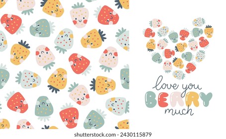 Strawberry faces seamless pattern set with print lettering in pastel palette. Vector naive hand drawn illustration cute characters on polka dot background. Ideal for baby textiles, wallpaper, fabric
