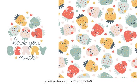 Strawberry faces seamless pattern set with print lettering in pastel palette. Vector naive hand drawn illustration cute characters on polka dot background. Ideal for baby textiles, wallpaper, fabric