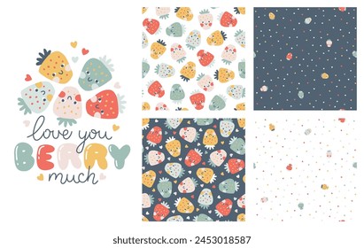 Strawberry faces seamless patterns set with print lettering in pastel palette. Vector naive hand drawn illustration cute characters on polka dot background. Ideal for baby textiles, wallpaper, fabric.