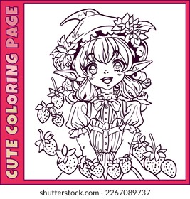 Strawberry fairy coloring page art. Fantasy illustration of forest princess for girl's coloring book, manga anime drawing style