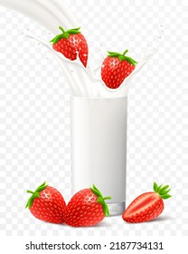 Strawberry falling in a glass of milk or yogurt. Sweet milk splashes. Fruit milkshake advertising banner, yogurt jet, flying drops, white drink in glass cup, Realistic 3d vector illustration, isolated