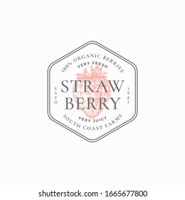 Strawberry Farm Badge or Logo Template. Hand Drawn Berries Sketch with Retro Typography and Borders. Vintage Premium Emblem. Isolated.