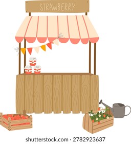 Strawberry Farm Market Stall Vector Poster. Local Berry Stand with Stripe Awning and Crates of Fresh Fruit for Summer Festival Flyer.