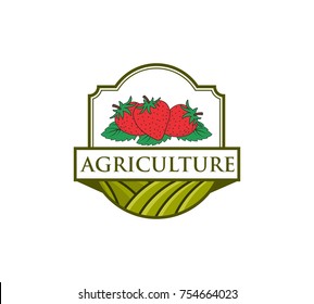 strawberry, farmland and badge on a white background. creative concept of agricultural logo design