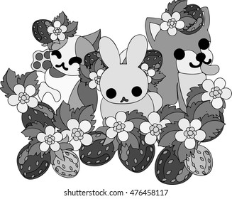 Strawberry field and a dog and a cat and a rabbit