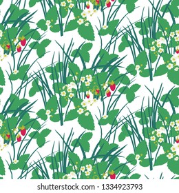 Strawberry field in the forest seamless pattern. Summer nature