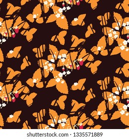 Strawberry field in the forest seamless pattern. Summer nature