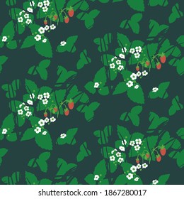 Strawberry field in the forest seamless pattern. Summer nature in green, white and red