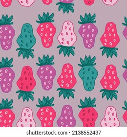 strawberry field or garden seamless vector pattern illustration in red, pink, green and purple for fabric, cards, wallpaper, home décor, stationary, and much more. part of strawberry field collection