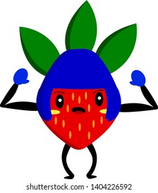strawberry fighter in boxing equipment blue helmet and gloves with green leaves and powerful muscles concept of sports and healthy eating